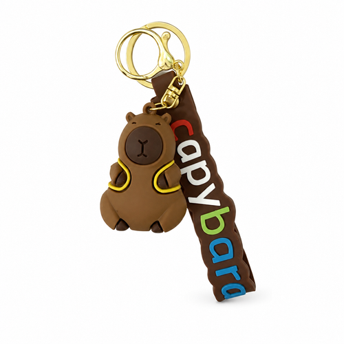 Brown capybara character keychain with colorful wrist strap and gold-tone keychain hardware