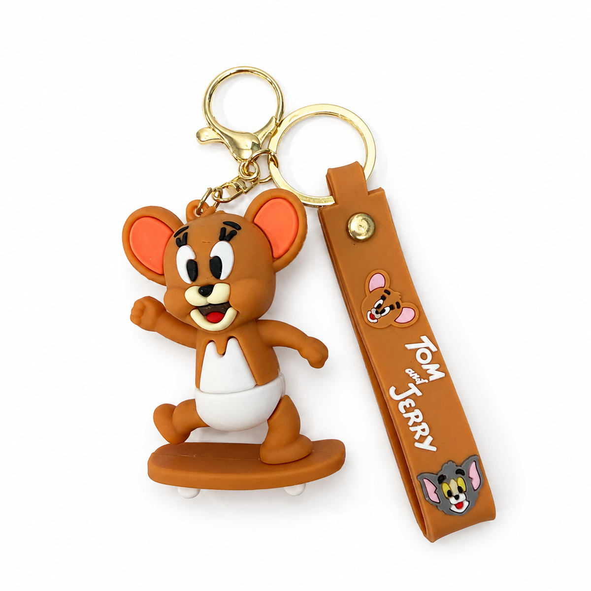 Brown cartoon mouse skateboard keychain with brown wrist strap and gold-tone hardware