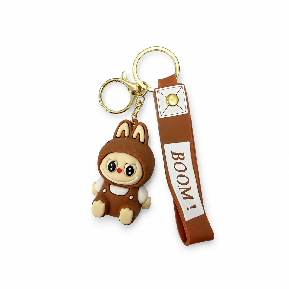 Brown bunny-ear character keychain with BOOM wrist strap and gold-tone clasp