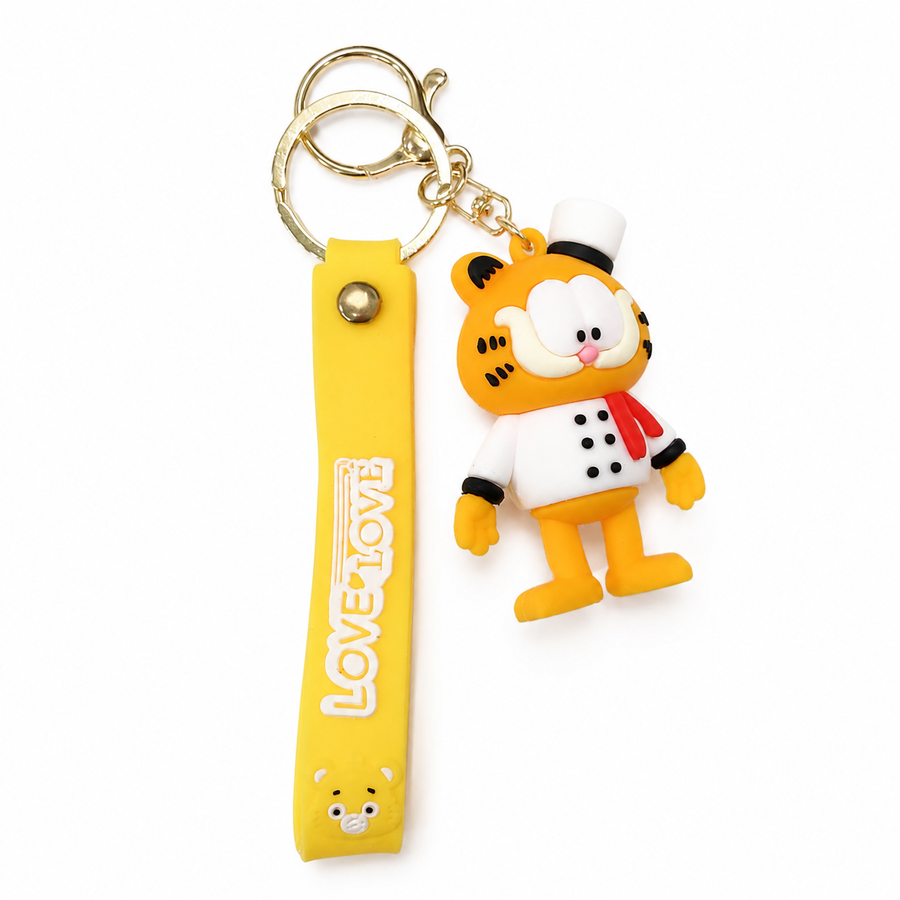 Orange chef cat character keychain with yellow LOVE wrist strap and gold-tone hardware