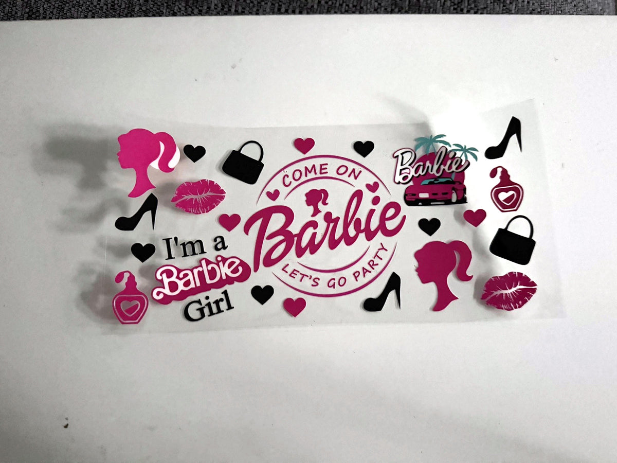 Barbie Pink Party UV DTF transfer sheet, upright view
