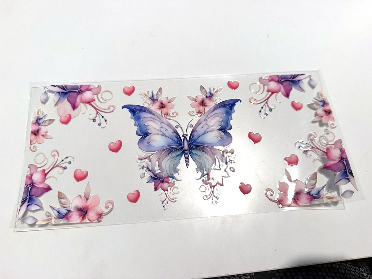 Pastel Butterfly, Flowers & Hearts UV DTF transfer sheet, upright view