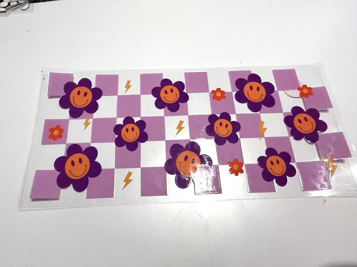 Purple Smiley Flowers & Checkerboard UV DTF transfer sheet, upright view