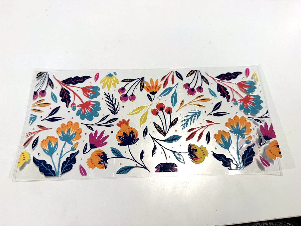 Colorful Folk Botanical Pattern UV DTF transfer sheet, upright view