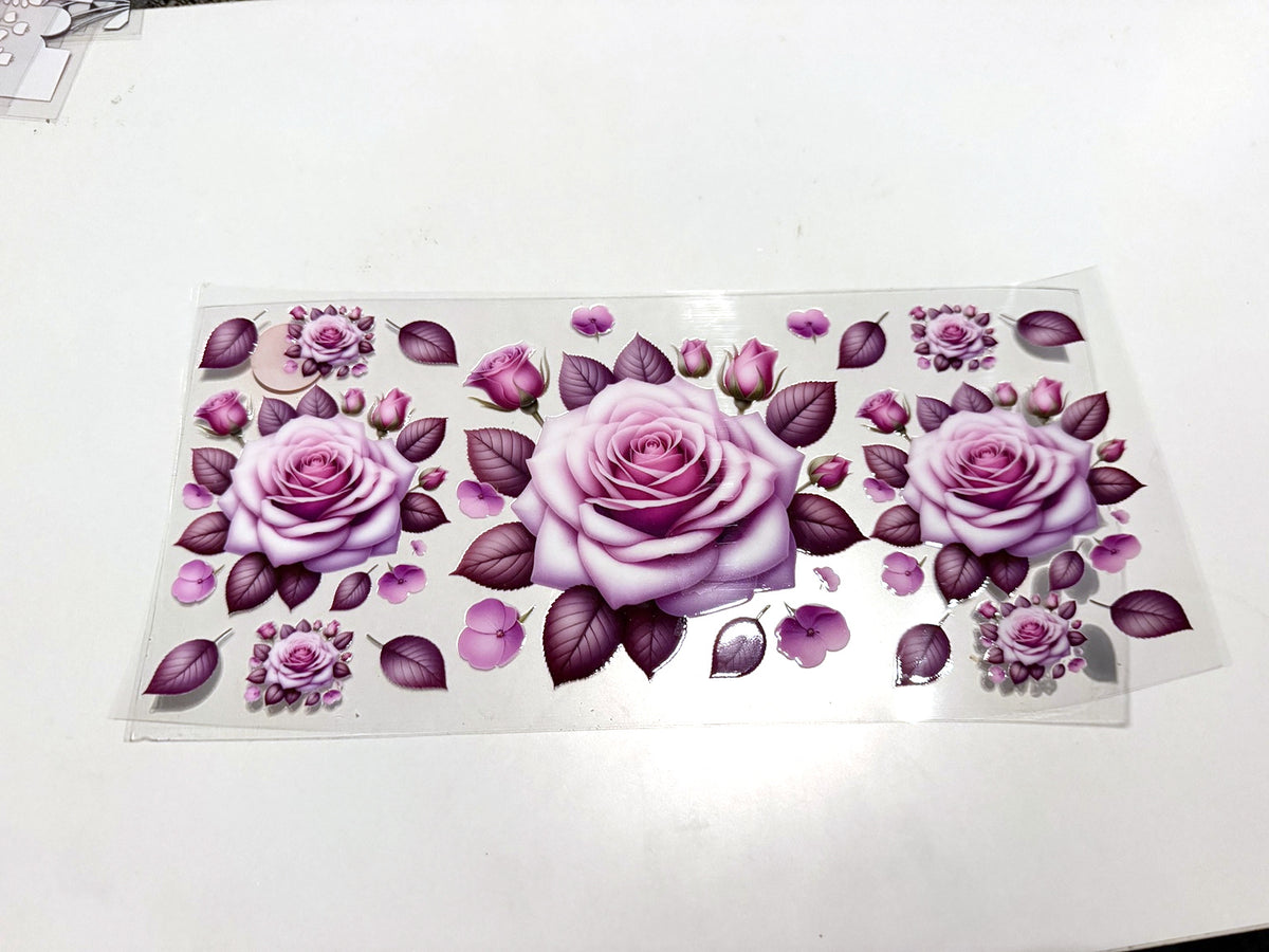 Lavender Roses & Plum Leaves UV DTF transfer sheet, upright view
