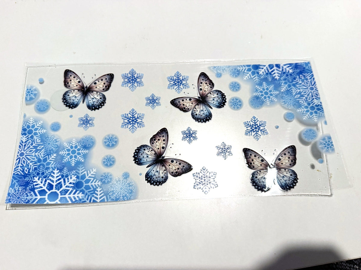 Winter Butterflies & Blue Snowflakes UV DTF transfer sheet, upright view