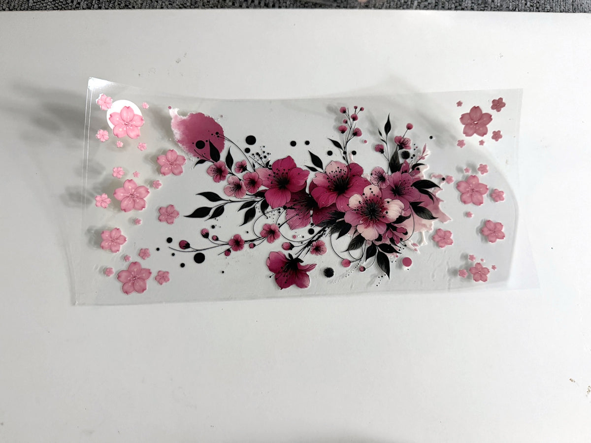 Pink Blossoms & Black Botanical Spray UV DTF transfer sheet