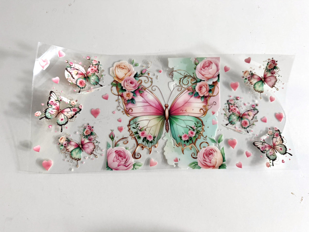 Rose Garden Butterfly & Hearts UV DTF transfer sheet