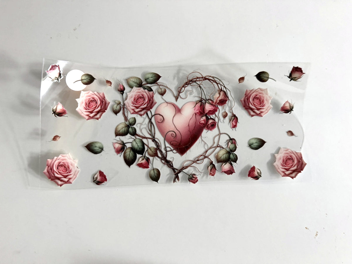 Pink Heart & Rose Vines UV DTF transfer sheet