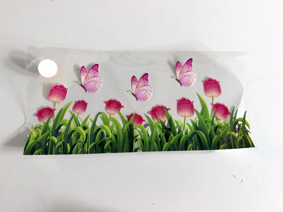 Pink Tulip Meadow & Butterflies UV DTF transfer sheet