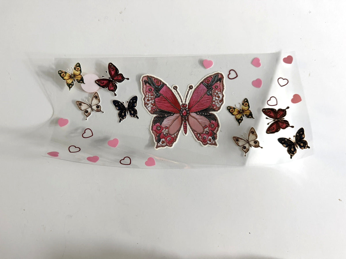 Pink Ornate Butterfly & Hearts UV DTF transfer sheet