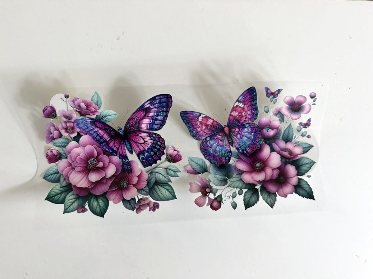 Purple Butterfly & Floral Bouquet Duo UV DTF transfer sheet