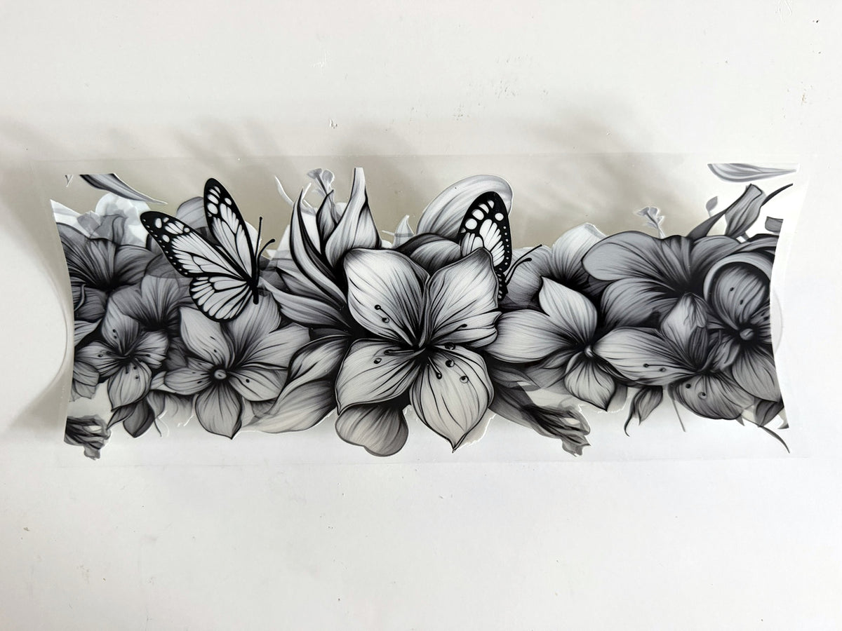 Black & White Flowers with Butterflies UV DTF transfer sheet