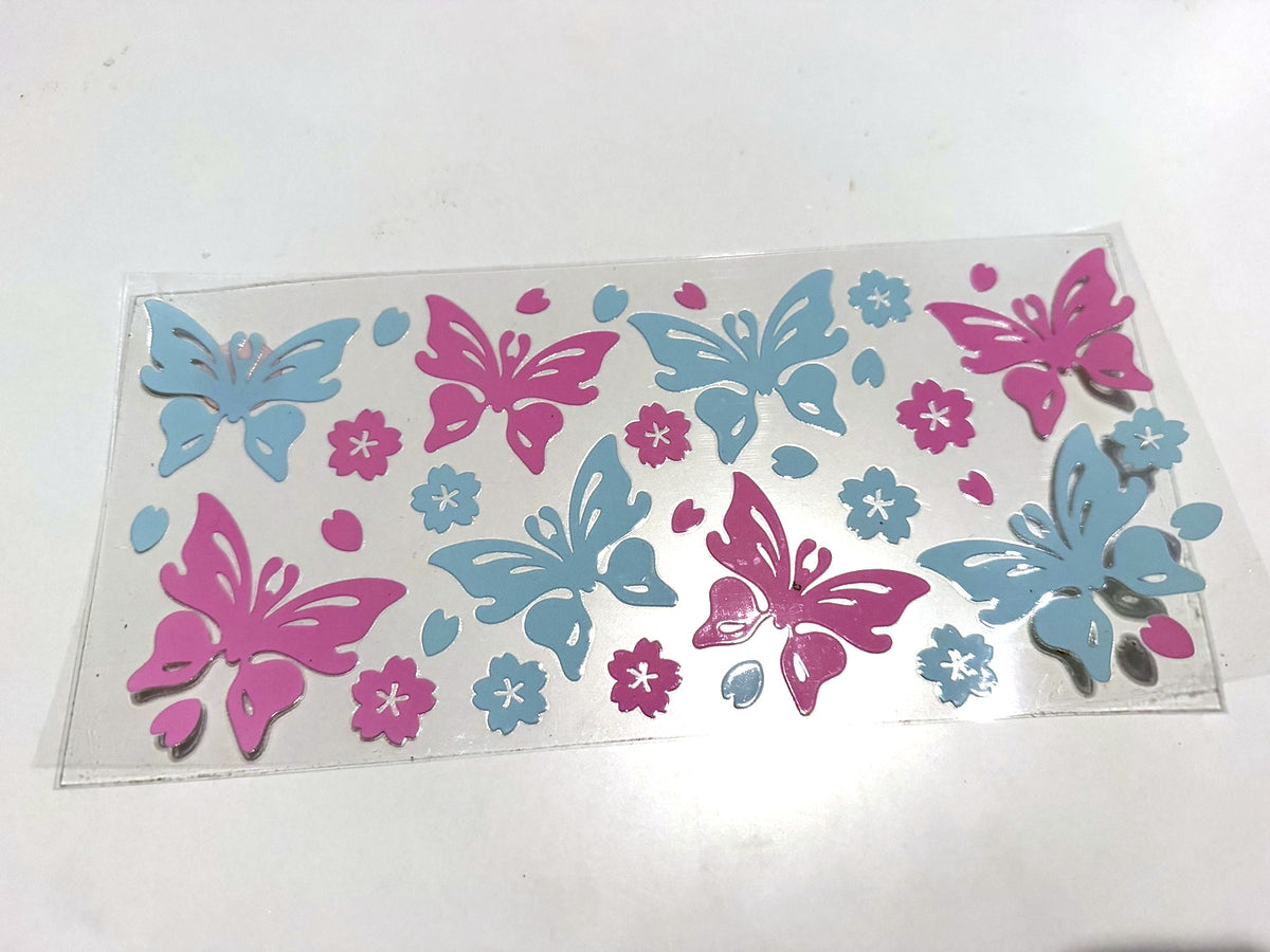 Pink & Aqua Butterflies, Flowers & Hearts UV DTF transfer sheet