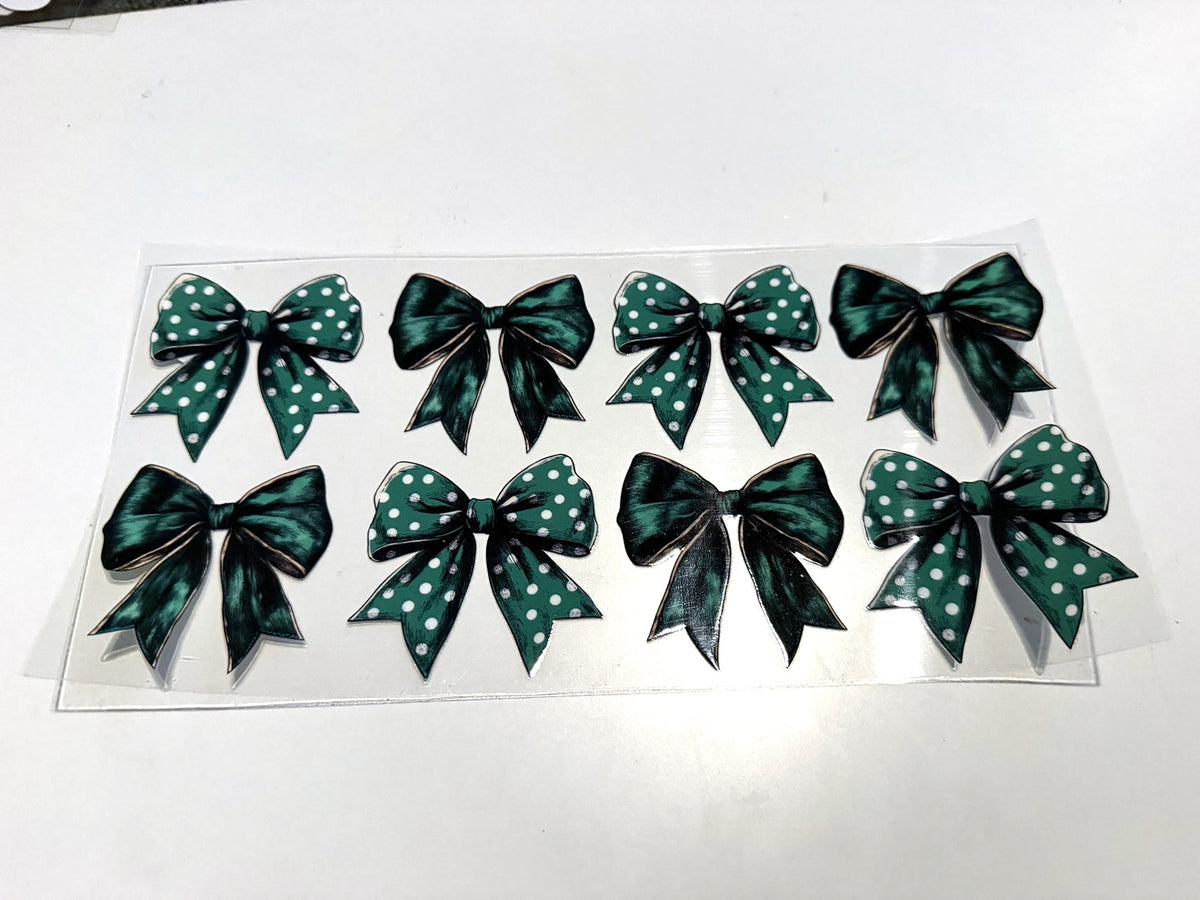 Emerald Green Satin-Style & Polka-Dot Bows UV DTF transfer sheet