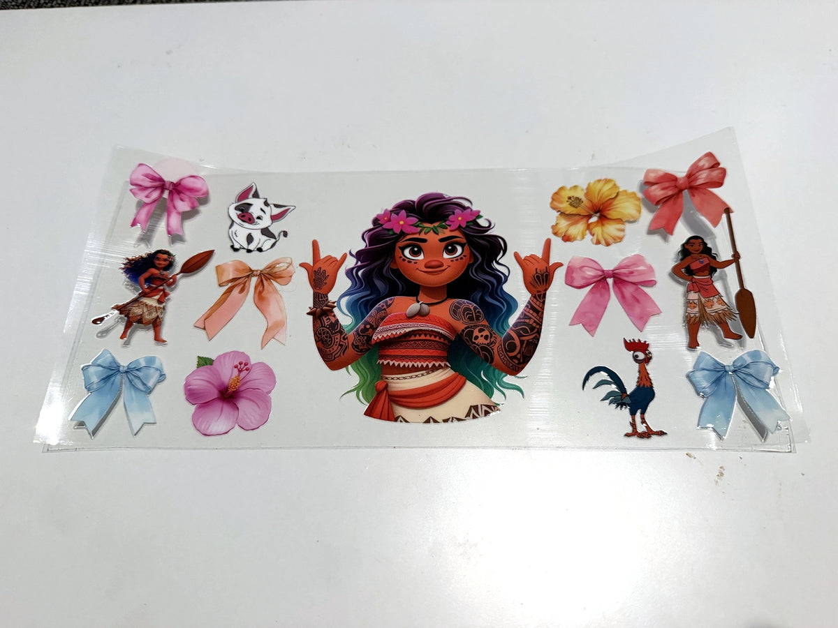 Moana with Pastel Bows & Hibiscus Flowers UV DTF transfer sheet