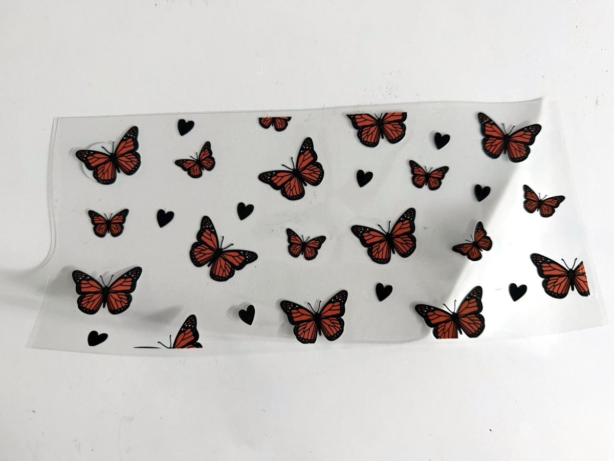 Orange Monarch-Style Butterflies & Black Hearts UV DTF transfer sheet