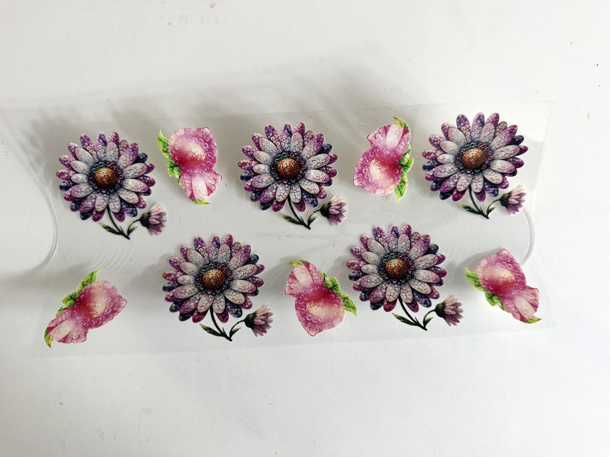 Purple Daisy Flowers & Pink Butterflies UV DTF transfer sheet