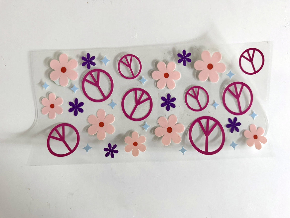 Pink Peace Signs & Retro Flowers UV DTF transfer sheet