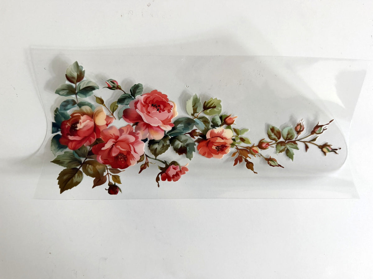 Coral & Pink Rose Branch UV DTF transfer sheet