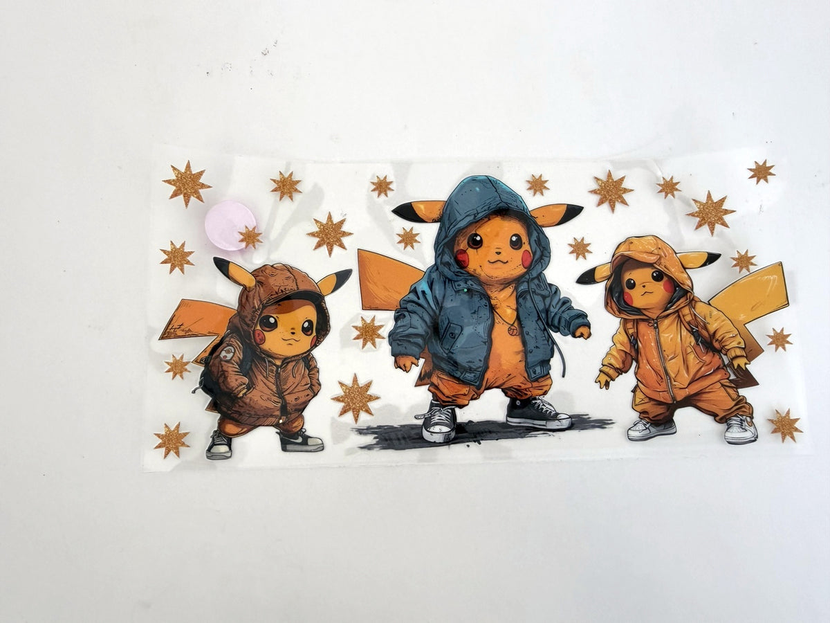 Pikachu Hoodie Trio & Golden Stars UV DTF transfer sheet