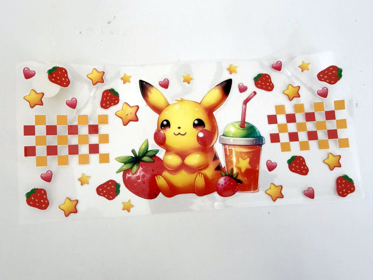 Pikachu Strawberries, Drink & Checkerboard UV DTF transfer sheet