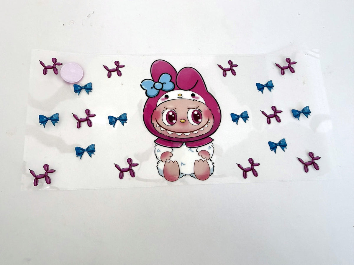 Pink Bunny-Hood Doll, Blue Bows & Balloon Dogs UV DTF transfer sheet