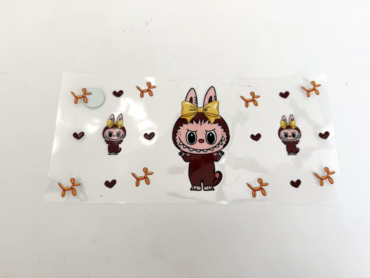Brown Bunny Doll, Yellow Bow & Hearts UV DTF transfer sheet