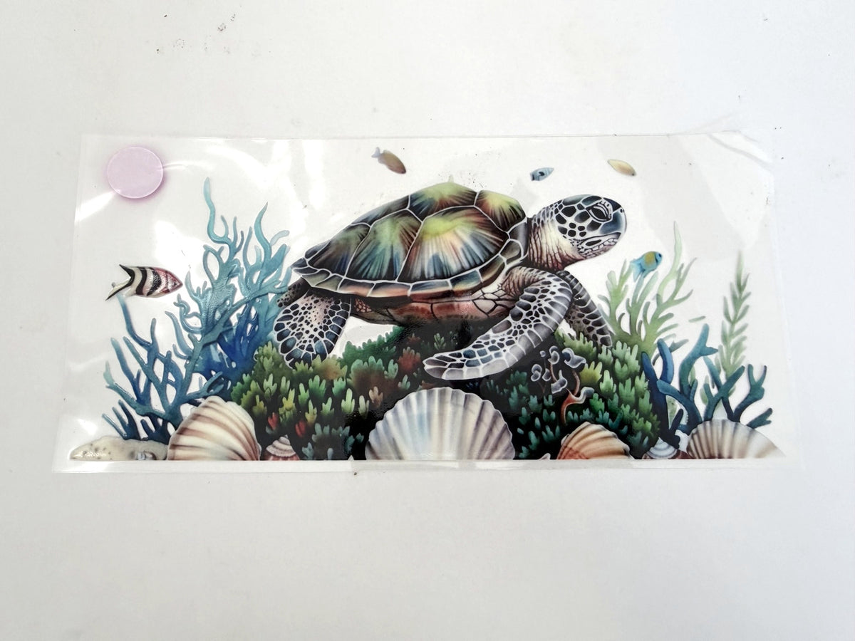 Sea Turtle with Blue Coral & Shell Border UV DTF transfer sheet