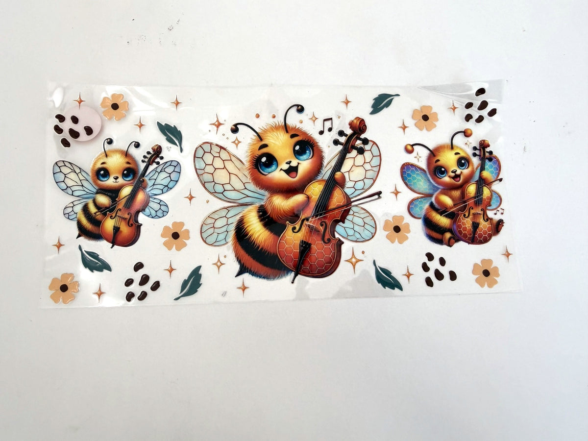 Violin-Playing Bees, Flowers & Sparkles UV DTF transfer sheet