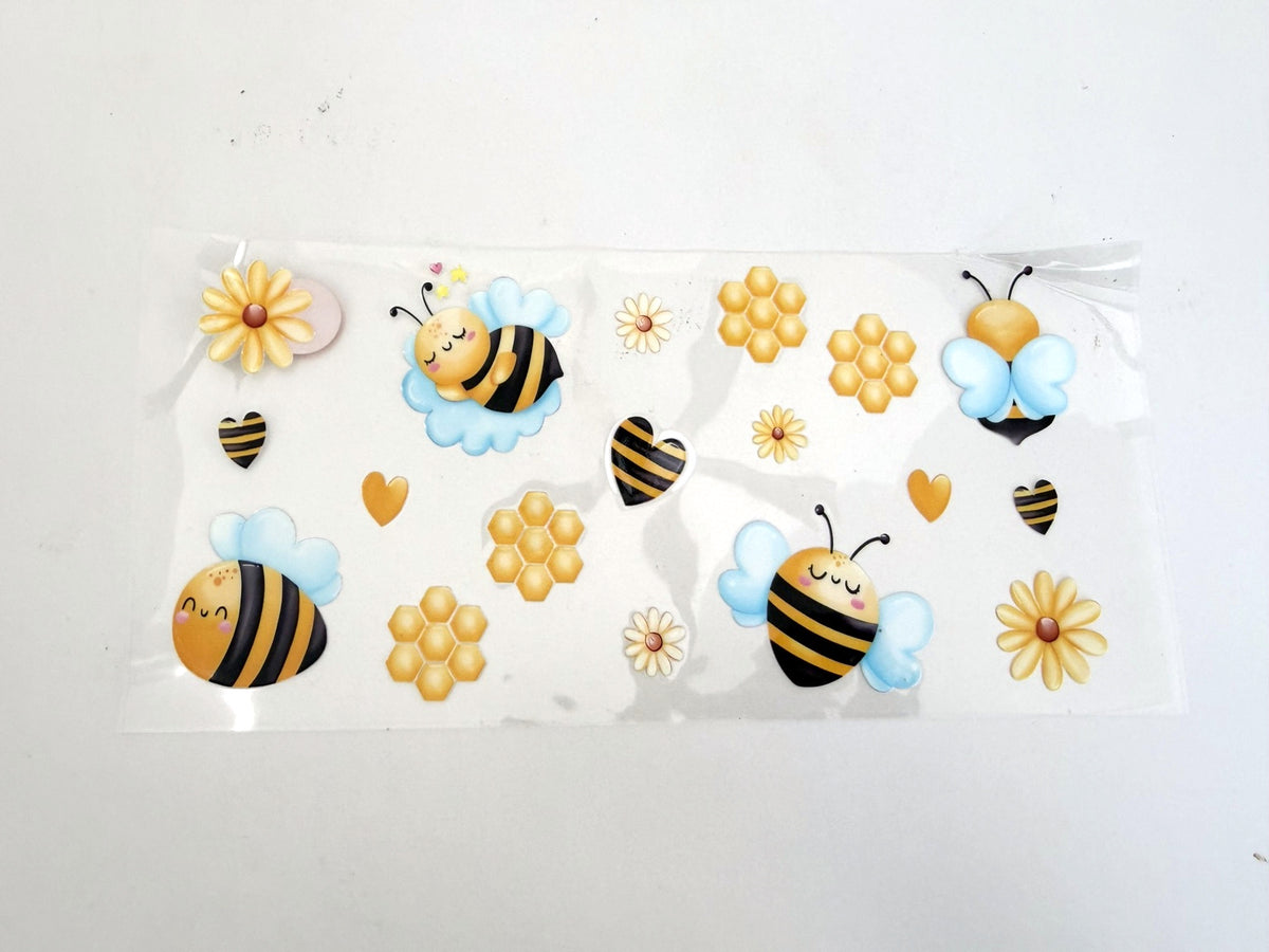 Happy Bees, Honeycomb, Daisies & Hearts UV DTF transfer sheet