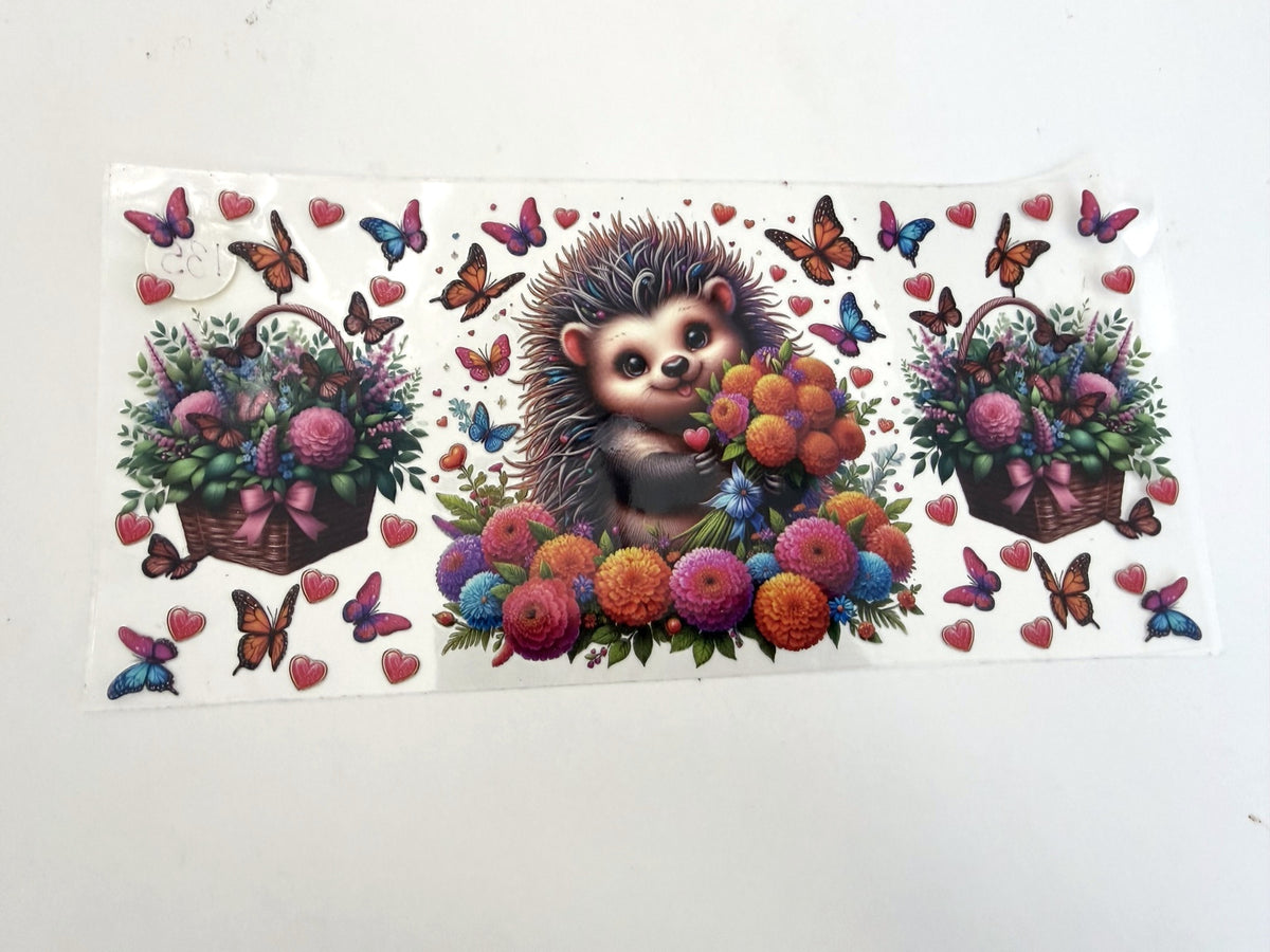 Hedgehog with Colorful Flowers & Butterflies UV DTF transfer sheet