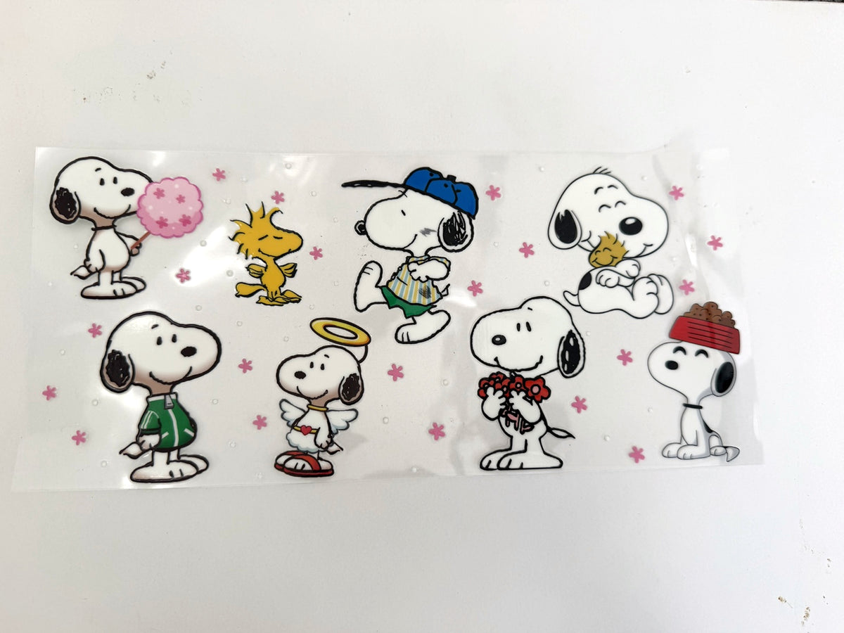 Snoopy Playful Poses, Pink Flowers & Woodstock UV DTF transfer sheet