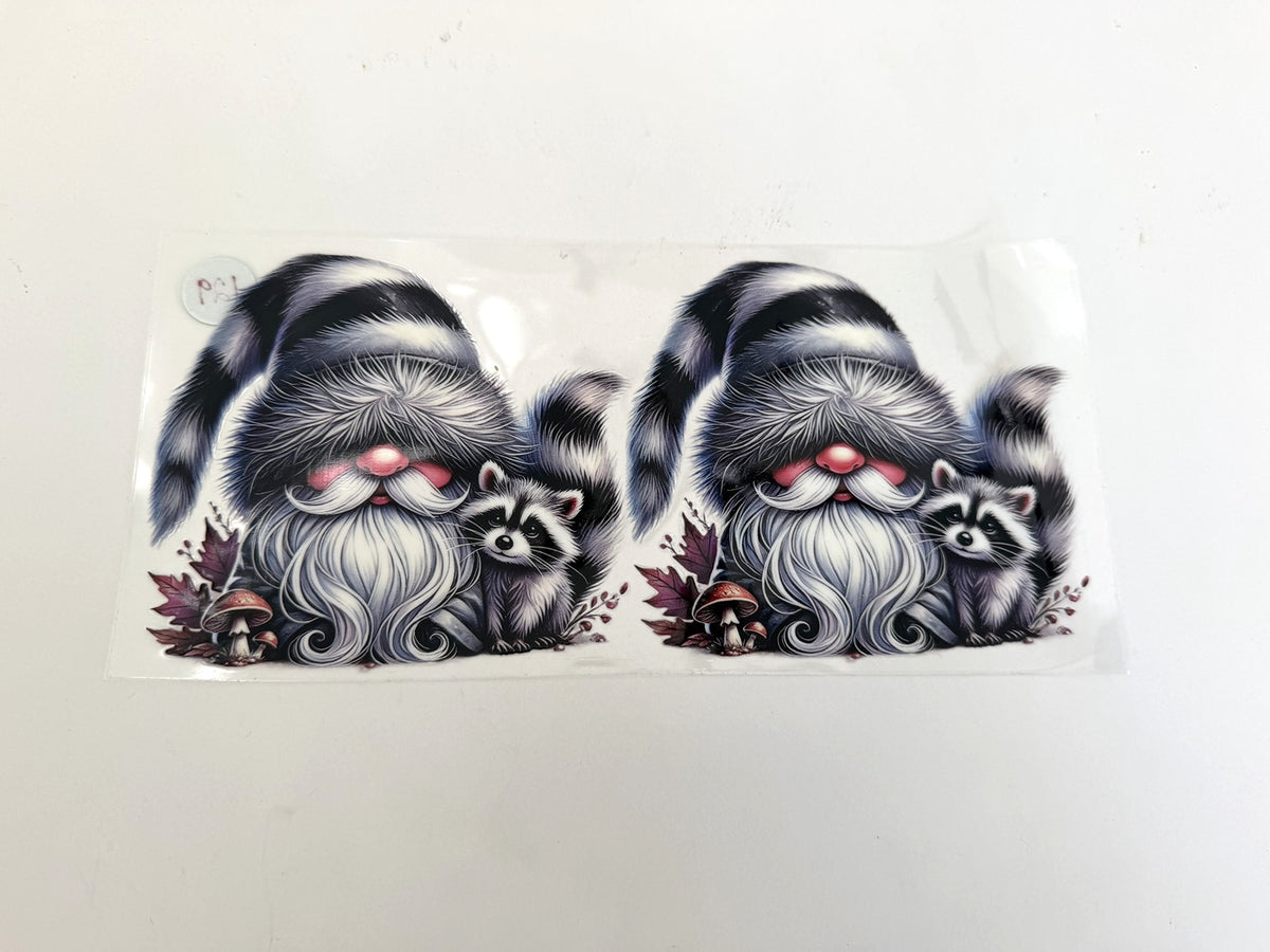 Black-and-White Woodland Gnome & Raccoon Duo UV DTF transfer sheet