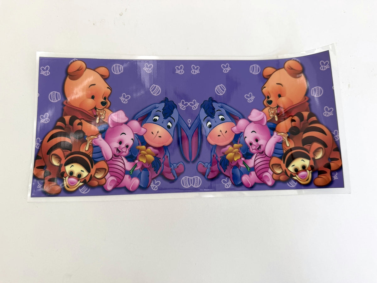 Winnie the Pooh Friends on Purple Honey Pattern UV DTF transfer sheet