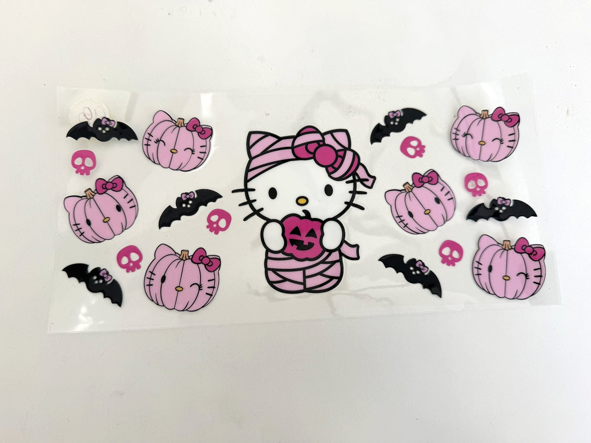 Hello Kitty Pink Mummy, Pumpkins, Bats & Skulls UV DTF transfer sheet