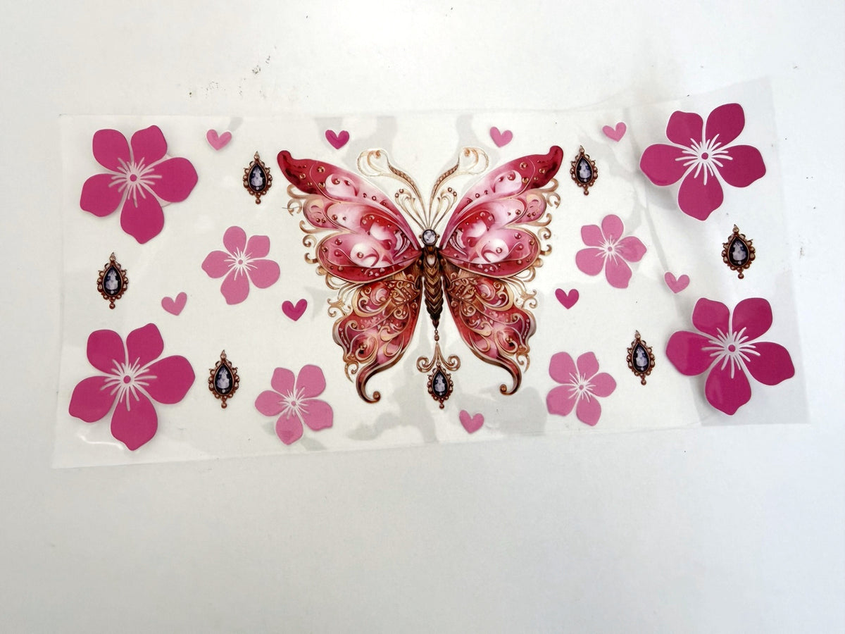 Ornate Pink Butterfly, Hibiscus Flowers & Hearts UV DTF transfer sheet