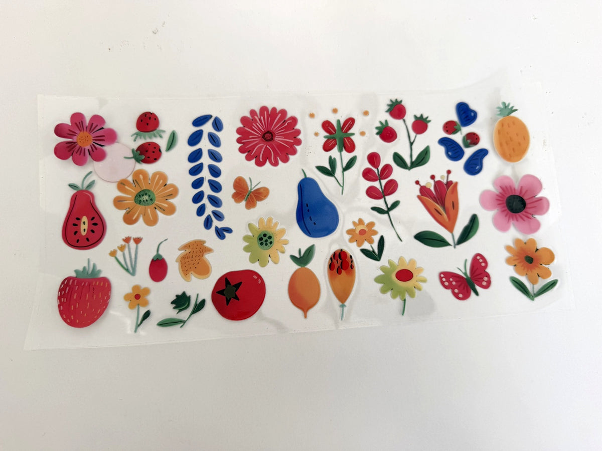 Colorful Folk Fruit, Flowers & Butterflies UV DTF transfer sheet