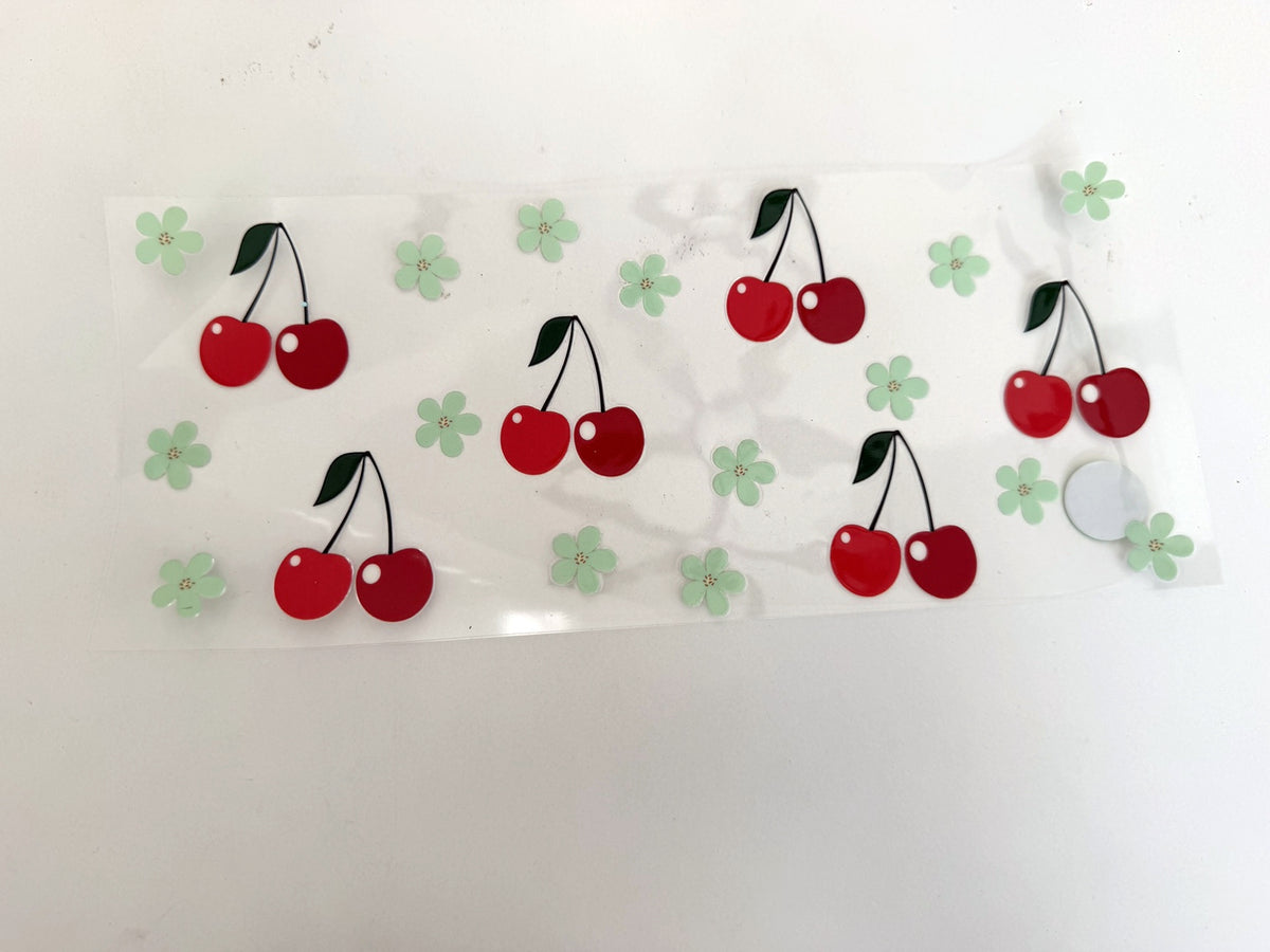 Red Cherry Pairs & Mint-Green Flowers UV DTF transfer sheet