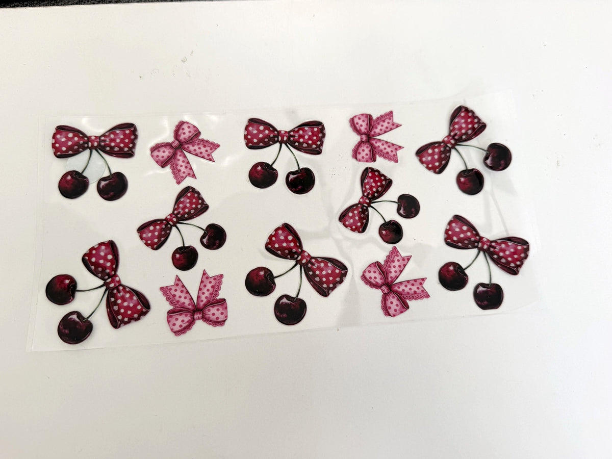 Cherries with Red Polka-Dot Bows & Pink Lace Bows UV DTF transfer sheet