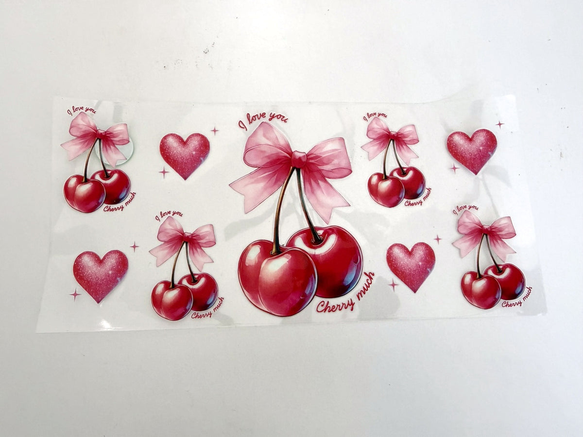 I Love You Cherry Much, Pink Bows & Hearts UV DTF transfer sheet