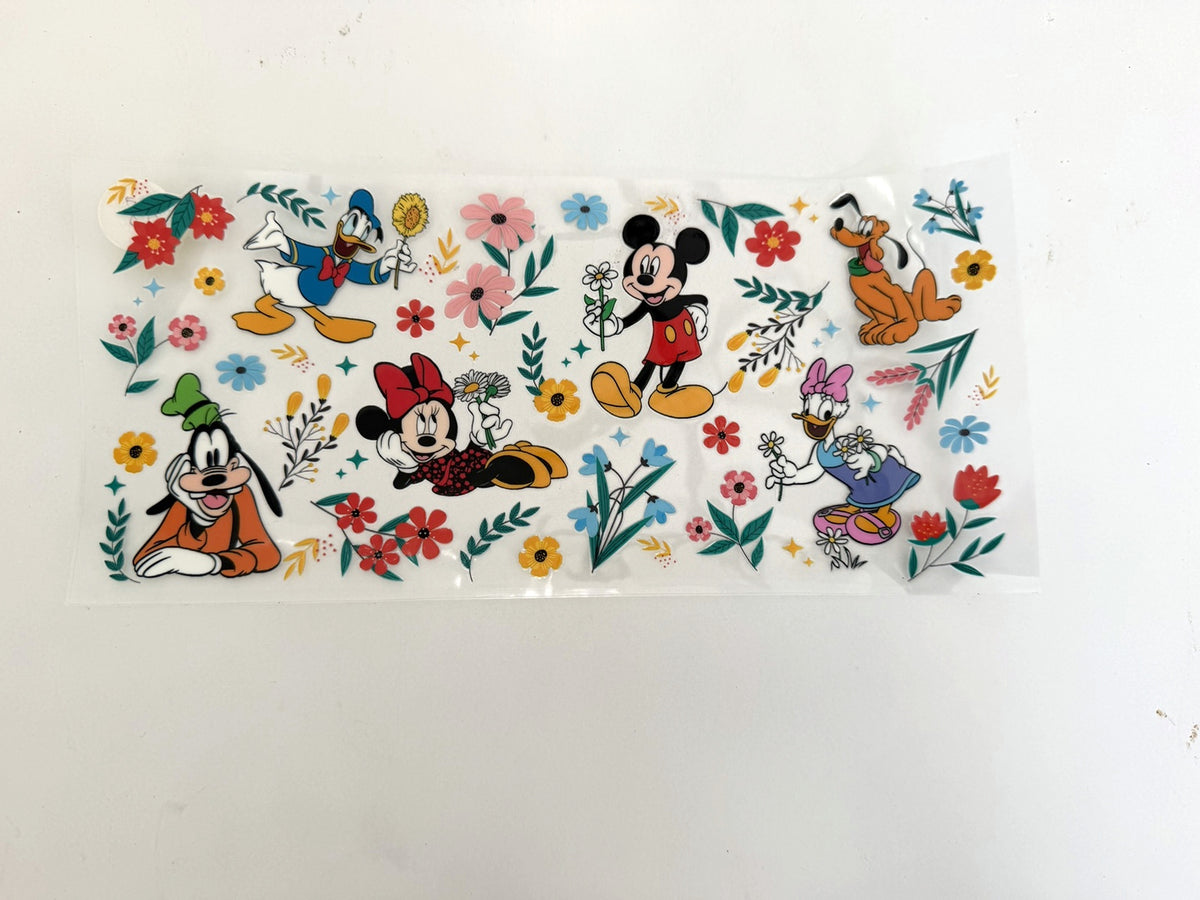 Disney Characters with Colorful Flowers & Leafy Sprigs UV DTF transfer sheet