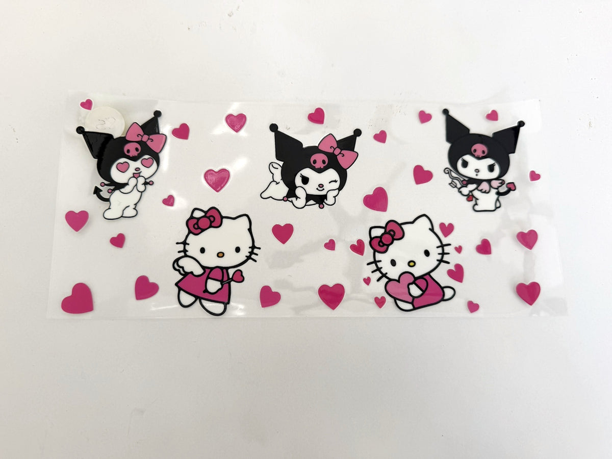 Hello Kitty & Kuromi with Pink Hearts UV DTF transfer sheet