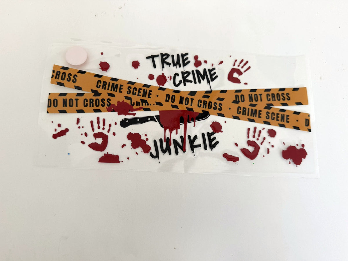 True Crime Junkie, Crime Scene Tape & Red Handprints UV DTF transfer sheet