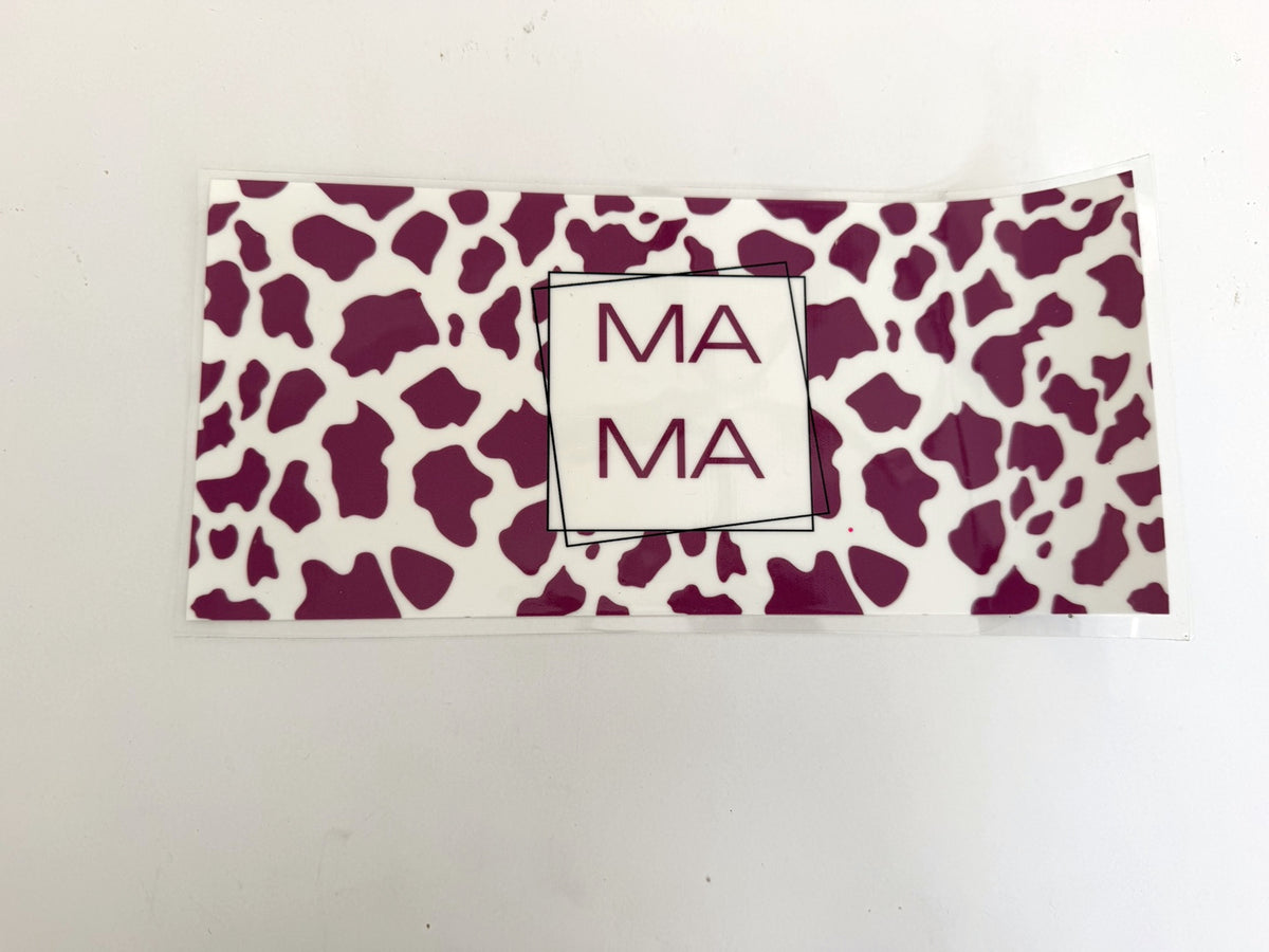 Mama Framed Lettering & Burgundy Cow Print UV DTF transfer sheet