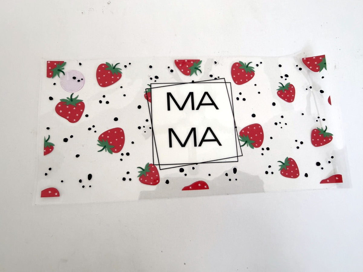 Mama Framed Lettering & Strawberries UV DTF transfer sheet