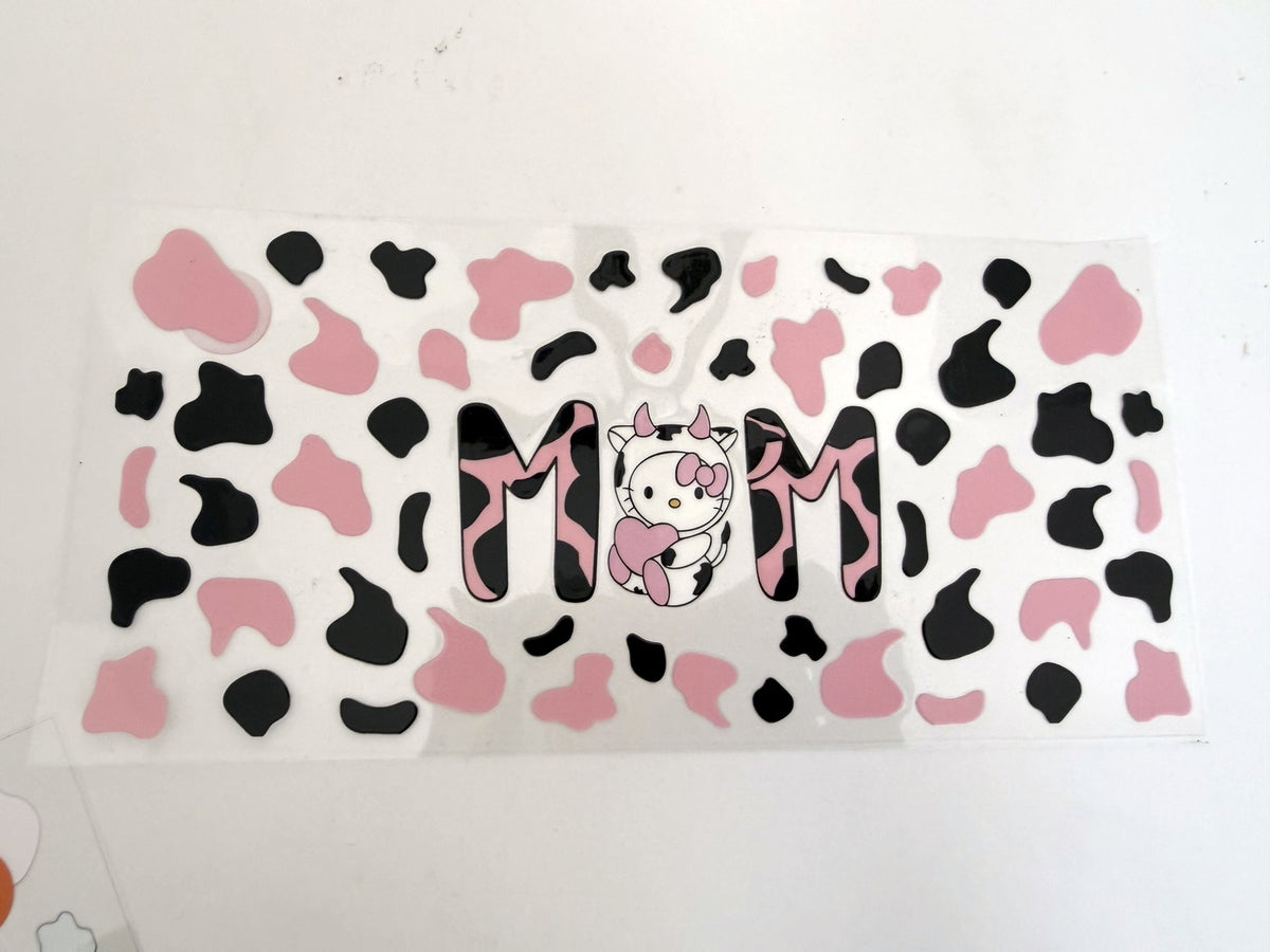 Mom Lettering & Pink Black Cow Print UV DTF transfer sheet