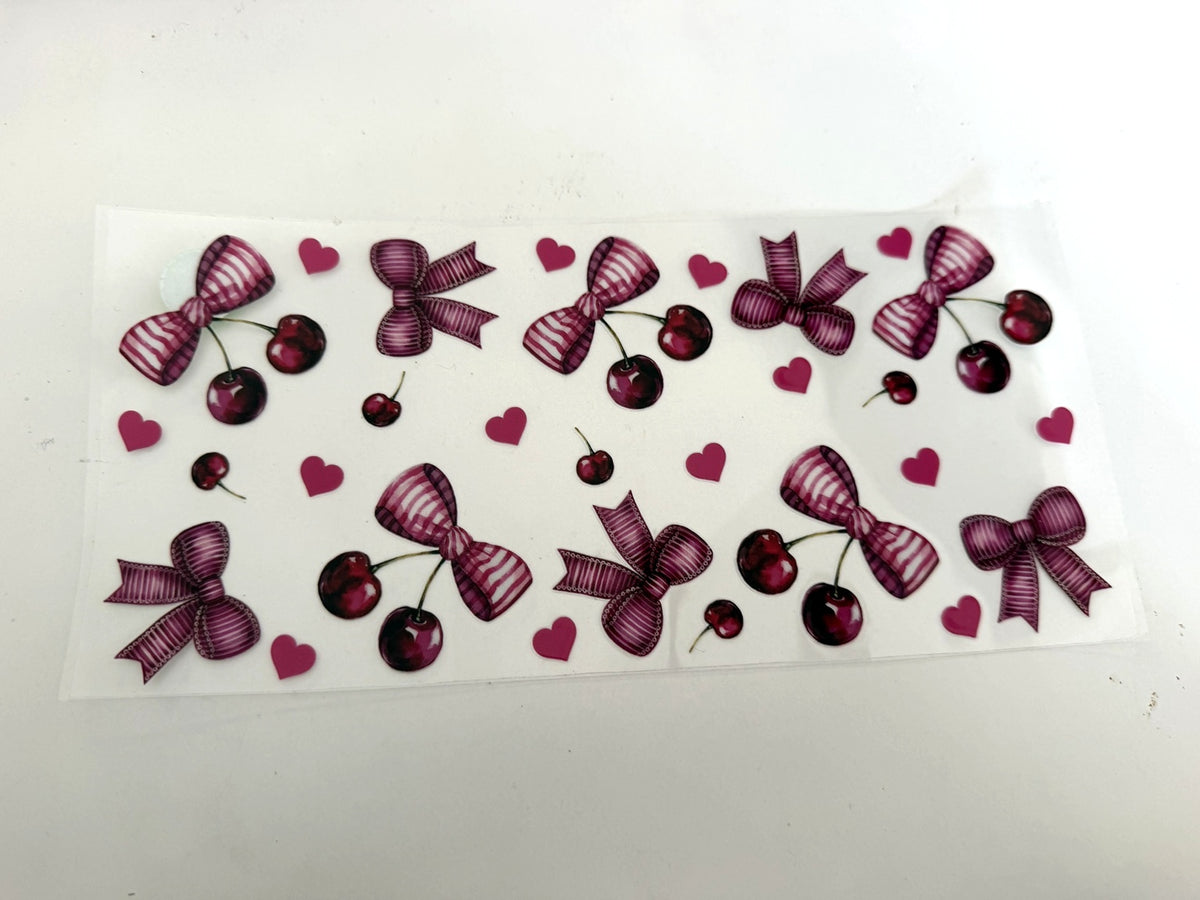 Burgundy striped bows, cherries and pink hearts UV DTF transfer sheet