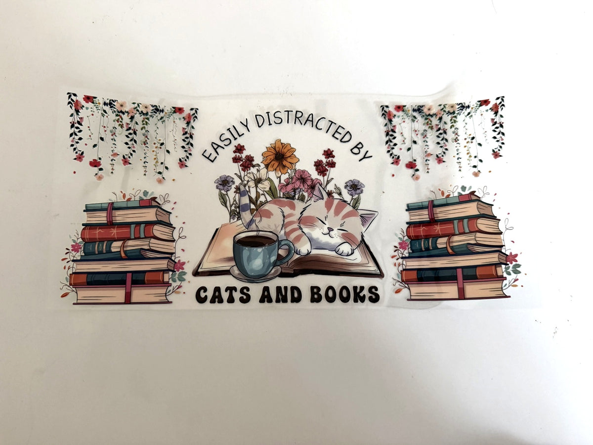 Easily Distracted by Cats and Books UV DTF transfer sheet