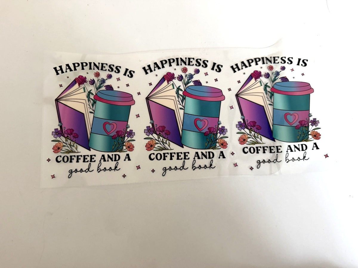 Happiness Is Coffee and a Good Book UV DTF transfer sheet